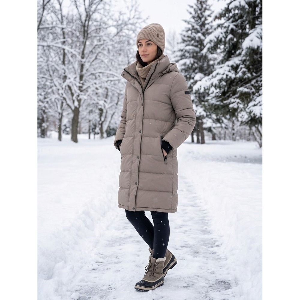 DKNY Womens Long Hooded Puffer Coat Taupe Tan Quilted Parka Jacket Small